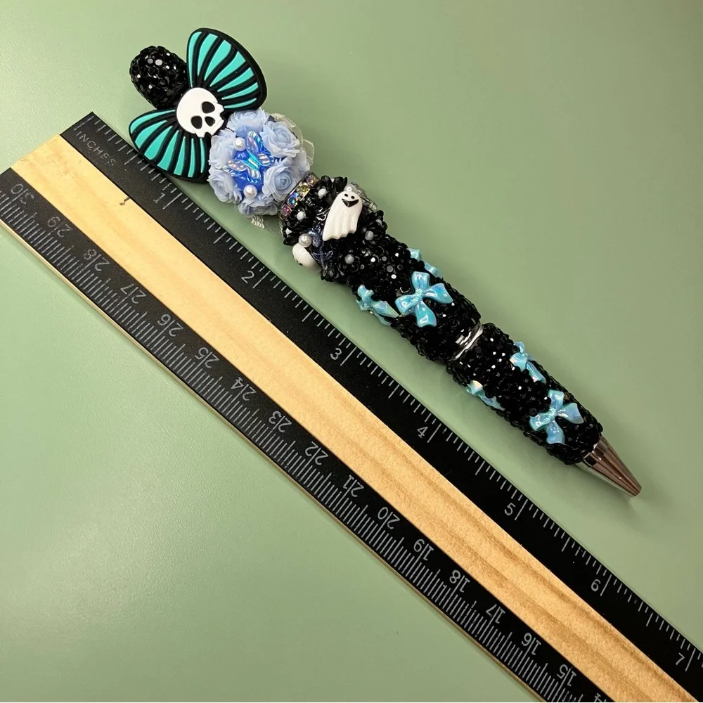 Blue and Black Skull Bow Floral Emo Aesthetic Rhinestone Handmade Beaded Pen
